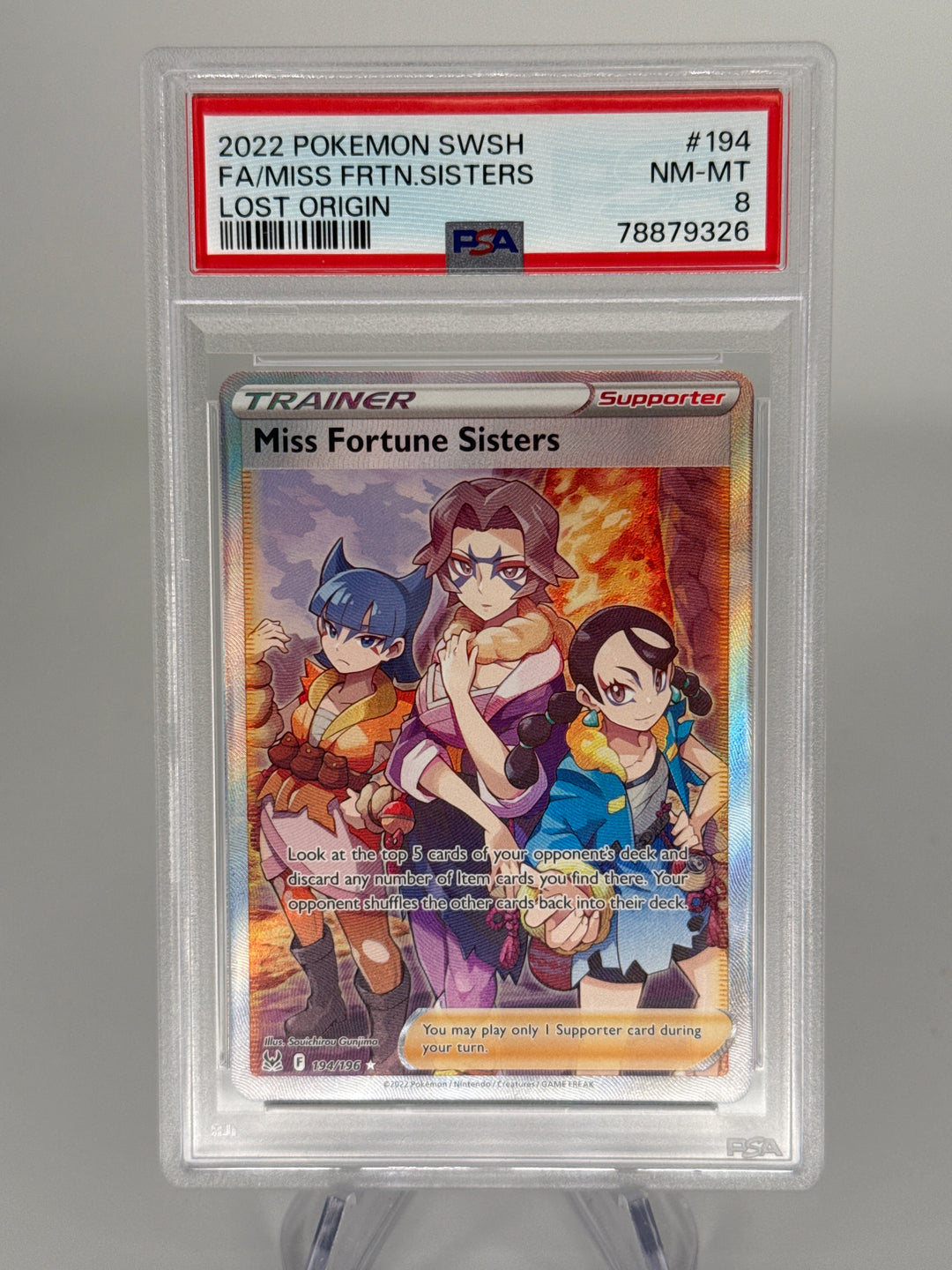 Pokemon TCG 2022 Miss Fortune Sisters Lost Origin Full Art Trainer, 194/196, PSA 8