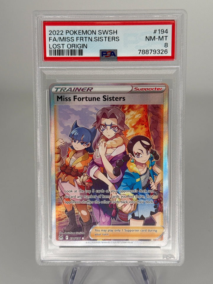 Pokemon TCG 2022 Miss Fortune Sisters Lost Origin Full Art Trainer, 194/196, PSA 8