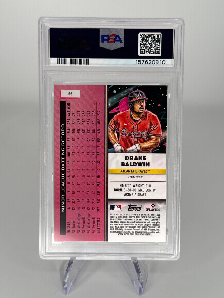 Drake Baldwin 2025 Topps Cosmic Chrome Gold Interstellar Refractor Rookie, 28/50, PSA 10 Gem Mint