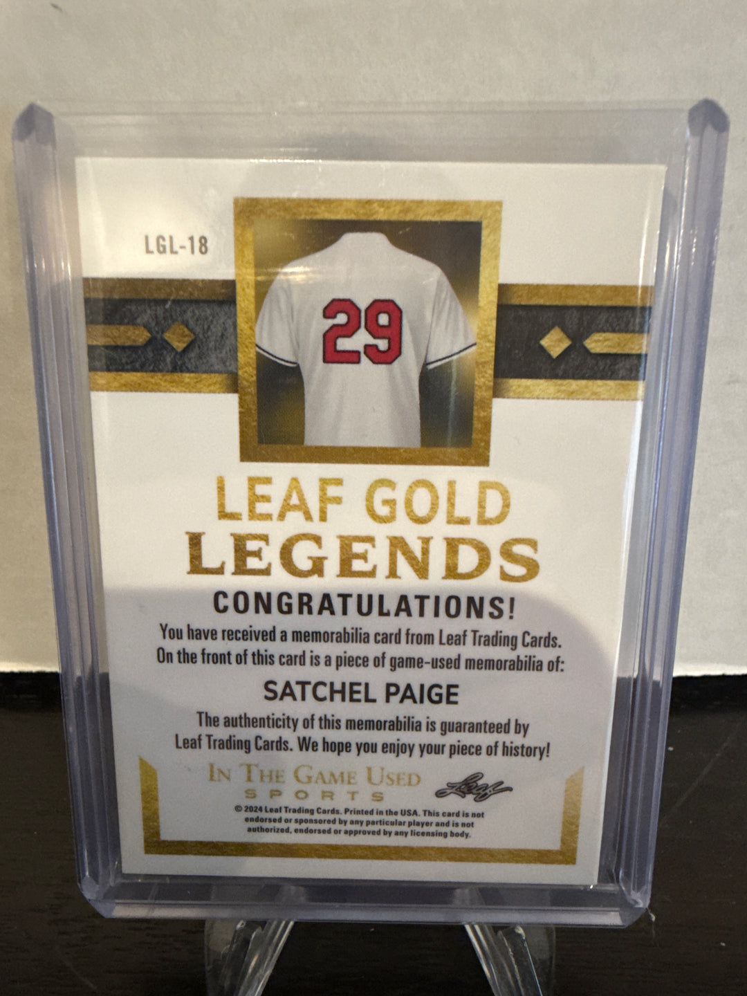 Satchel Paige 2024 Leaf In The Game Used Sports Leaf Gold Legends Relic, 03/25