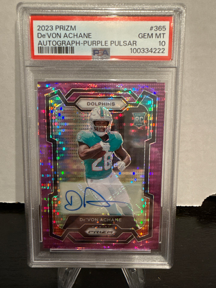 De'Von Achane 2023 Panini Prizm Purple Pulsar Rookie Auto, PSA 10 Gem Mint