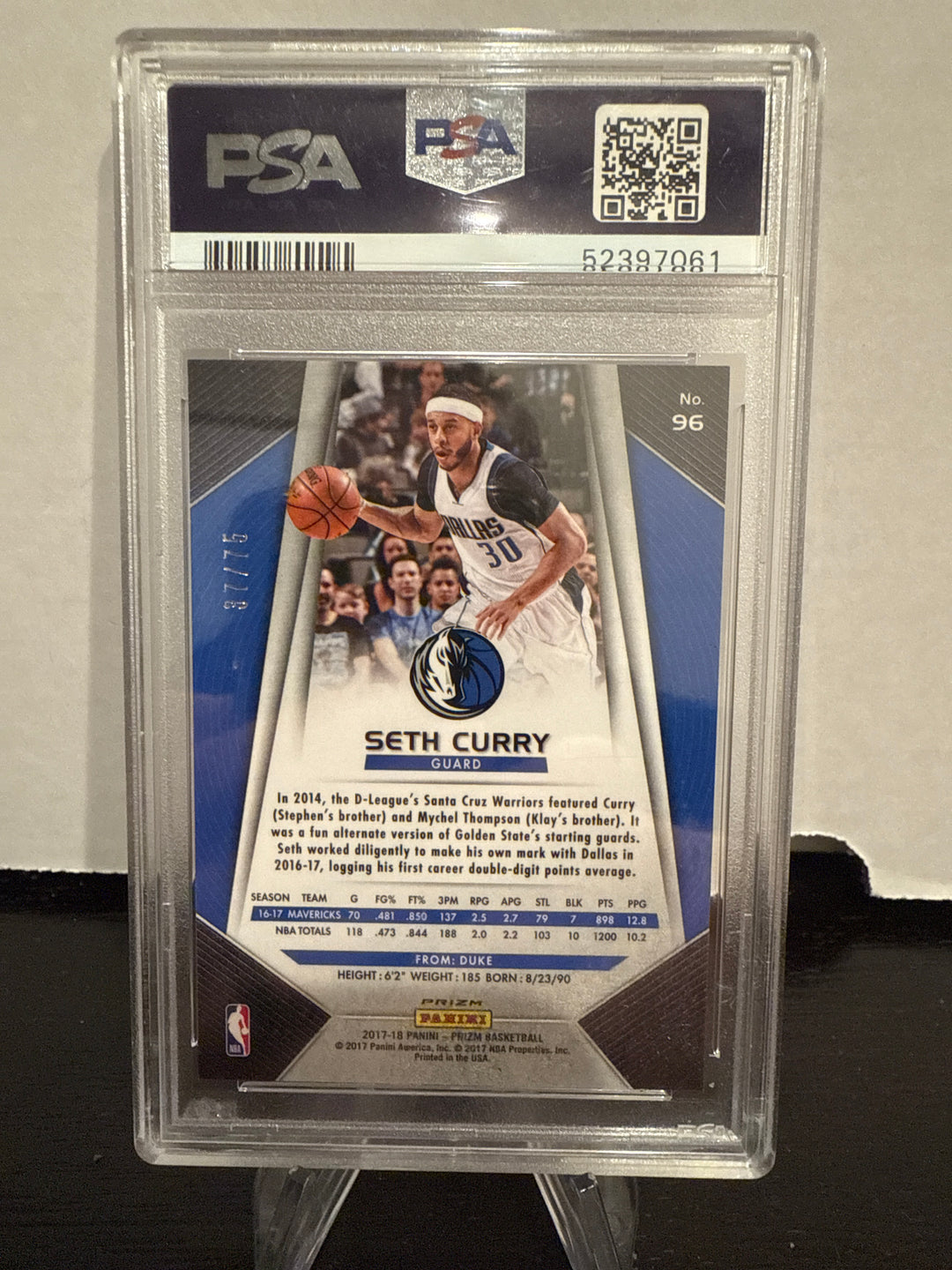 Seth Curry 2017 Panini Prizm Purple Prizm, 37/75, PSA 10 Gem Mint
