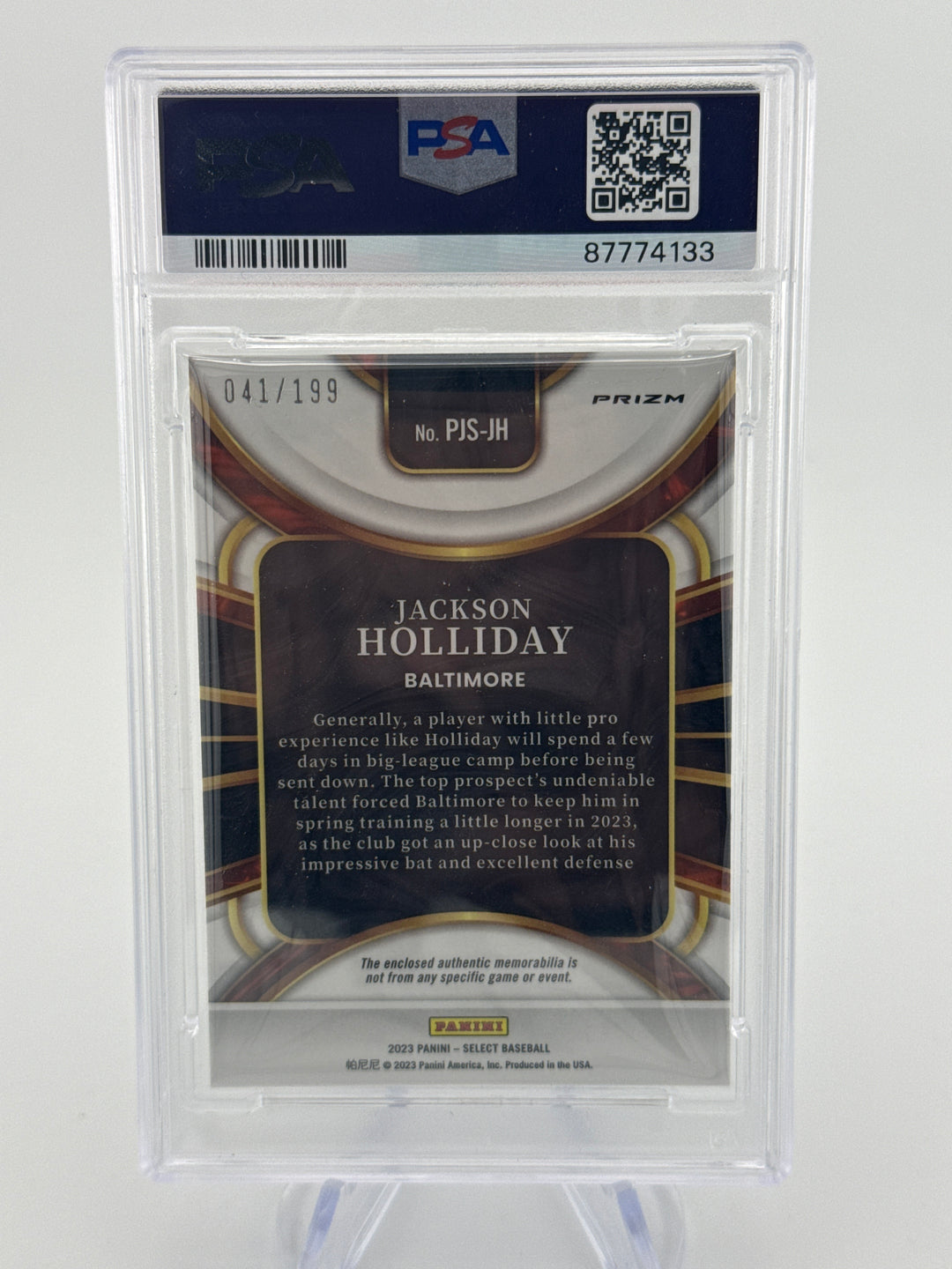 Jackson Holliday 2023 Panini Select Rookie Jumbo Swatch PSA Authentic Auto, 041/199