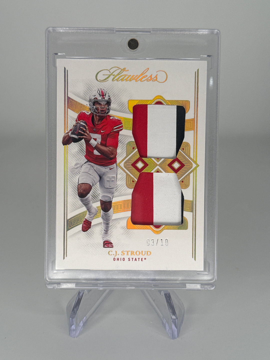 C.J. Stroud 2023 Panini Flawless Collegiate Rookie Dual Patch Gold, 03/10