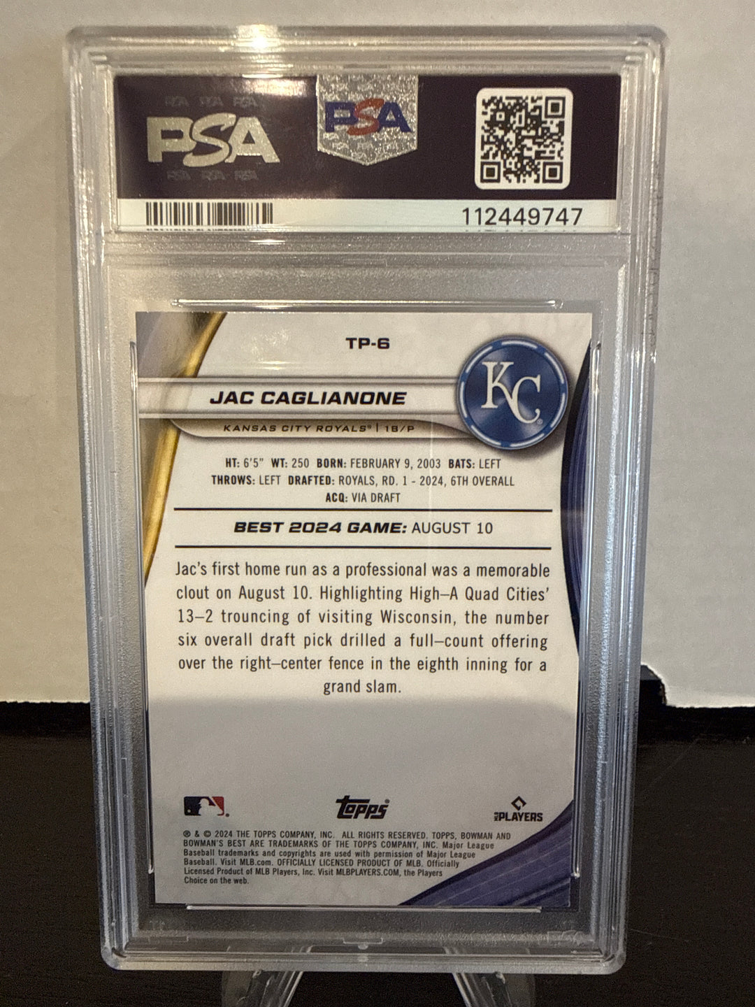 Jac Caglianone 2024 Bowman's Best Top Prospects Wave, PSA 9 Mint