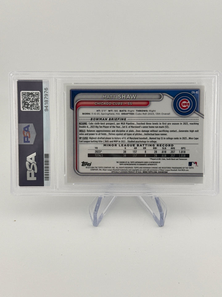 Matt Shaw 2024 Bowman Chrome Mini Diamond Refractor Prospect Auto, 085/100, PSA 10 Gem Mint