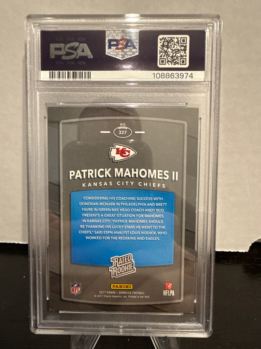 Patrick Mahomes 2017 Panini Donruss Rated Rookie, PSA 7