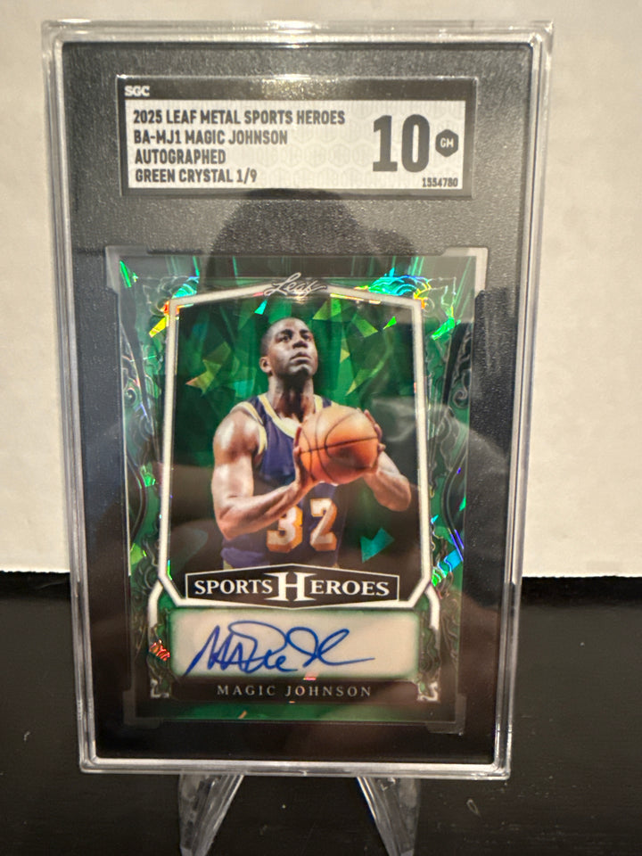 Magic Johnson 2025 Leaf Metal Sports Heroes Green Crystal Auto, 1/9, SGC 10 Gem Mint