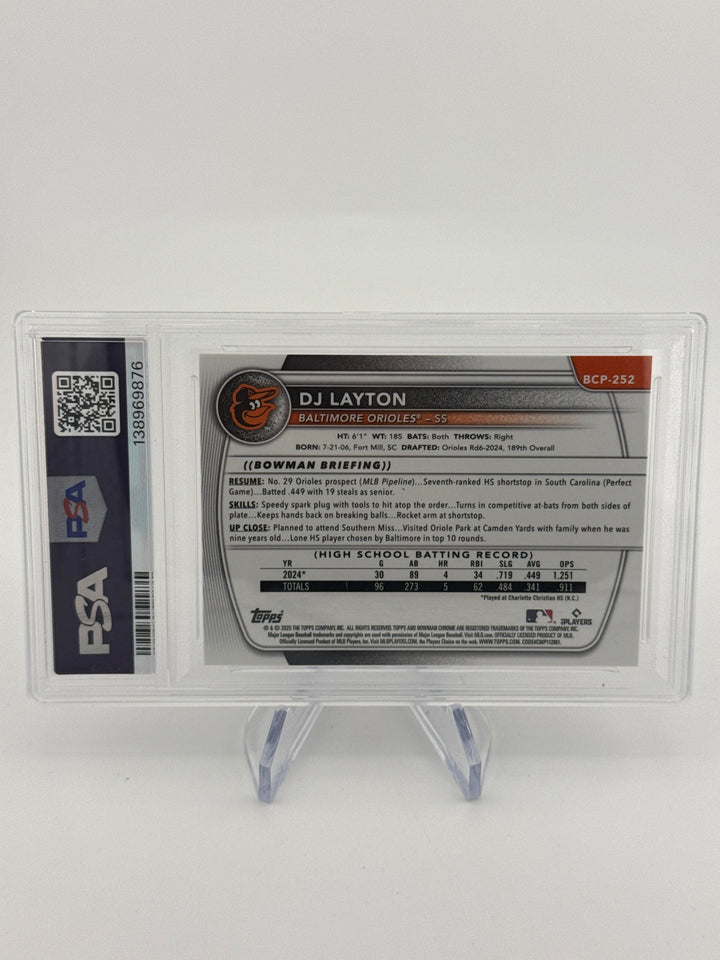 DJ Layton 2025 Bowman Draft Chrome 1st Popcorn Refractor Snack Pack SSP, PSA 9 Mint