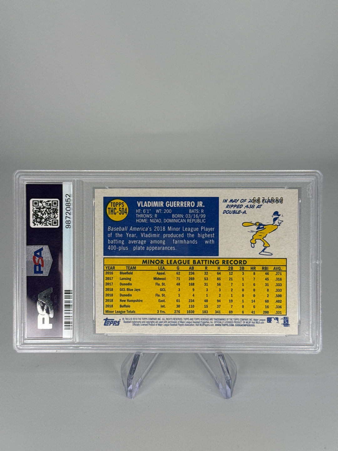 Vladimir Guerrero Jr. 2019 Topps Heritage Chrome Rookie, 607/999, PSA 9 Mint