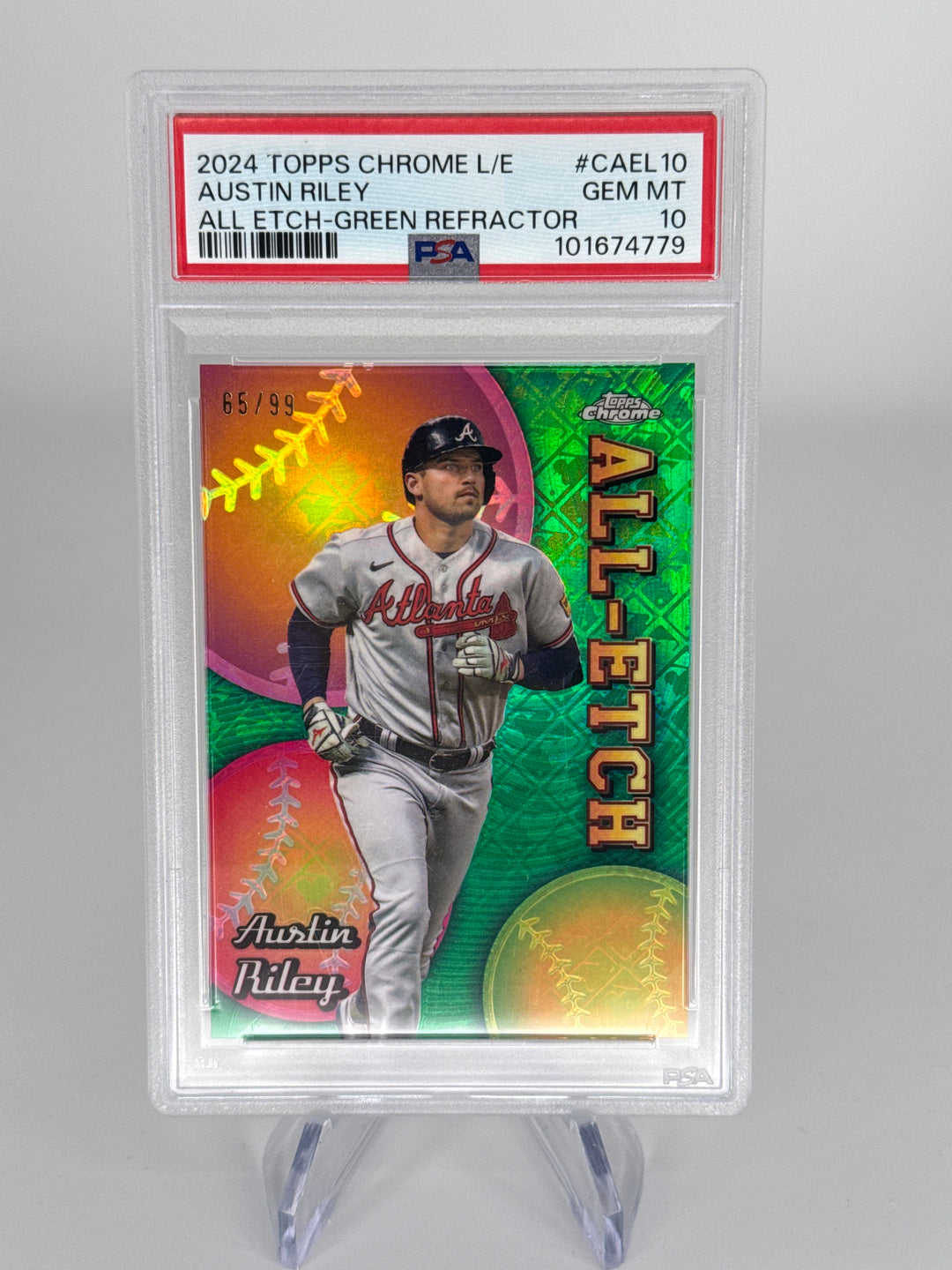 Austin Riley 2024 Topps Chrome Logofractor All-Etch Green Refractor, 65/99, PSA 10 Gem Mint