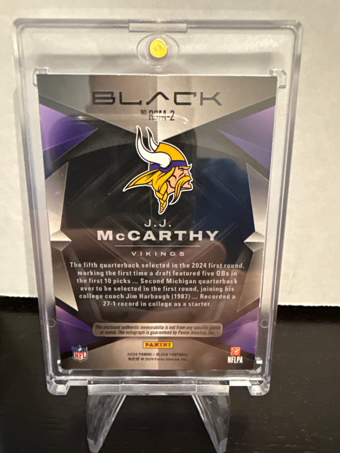 J.J. McCarthy 2024 Panini Black Rookie Patch Auto Emerald, 02/25