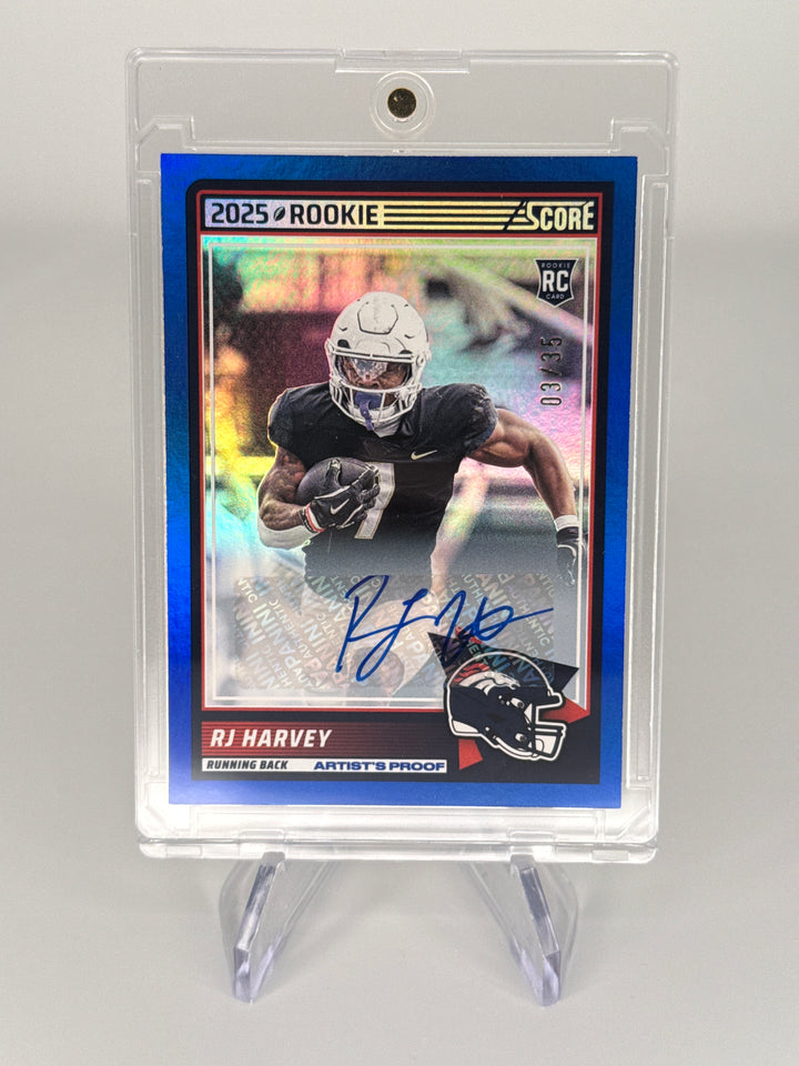 RJ Harvey 2025 Panini Score Blue Foil Rookie Auto, 03/35