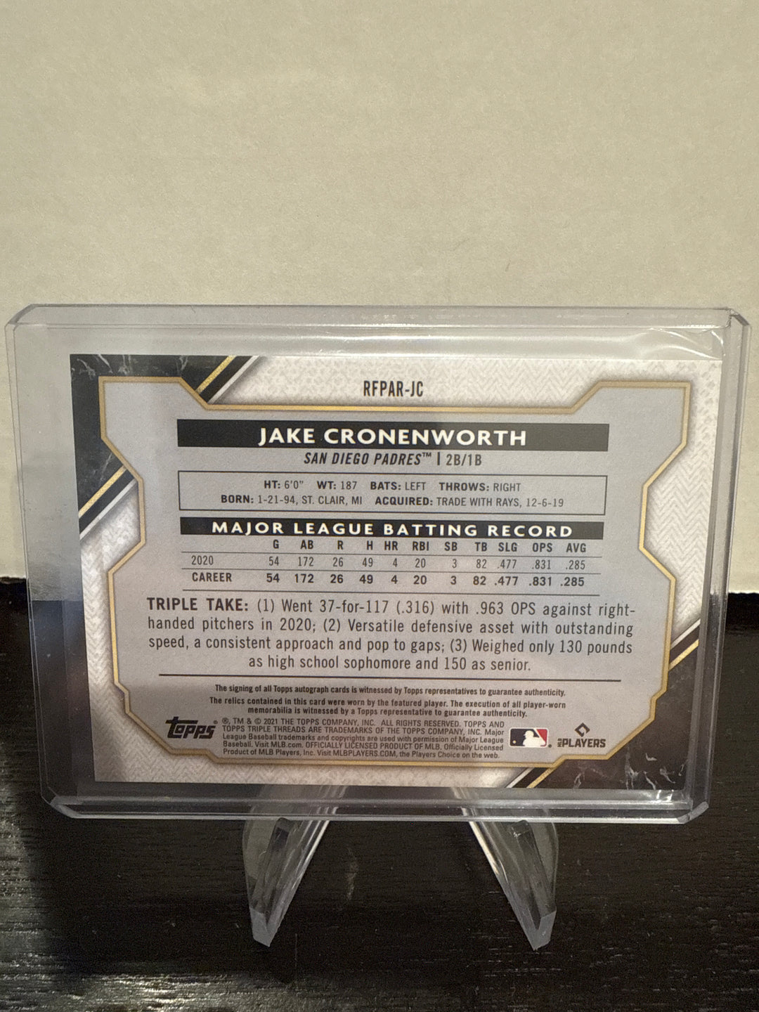 Jake Cronenworth 2021 Topps Triple Threads Emerald Rookie Triple Patch Auto, 21/50