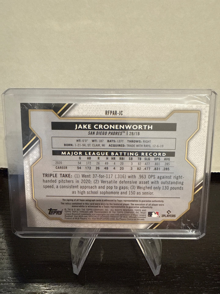 Jake Cronenworth 2021 Topps Triple Threads Emerald Rookie Triple Patch Auto, 21/50
