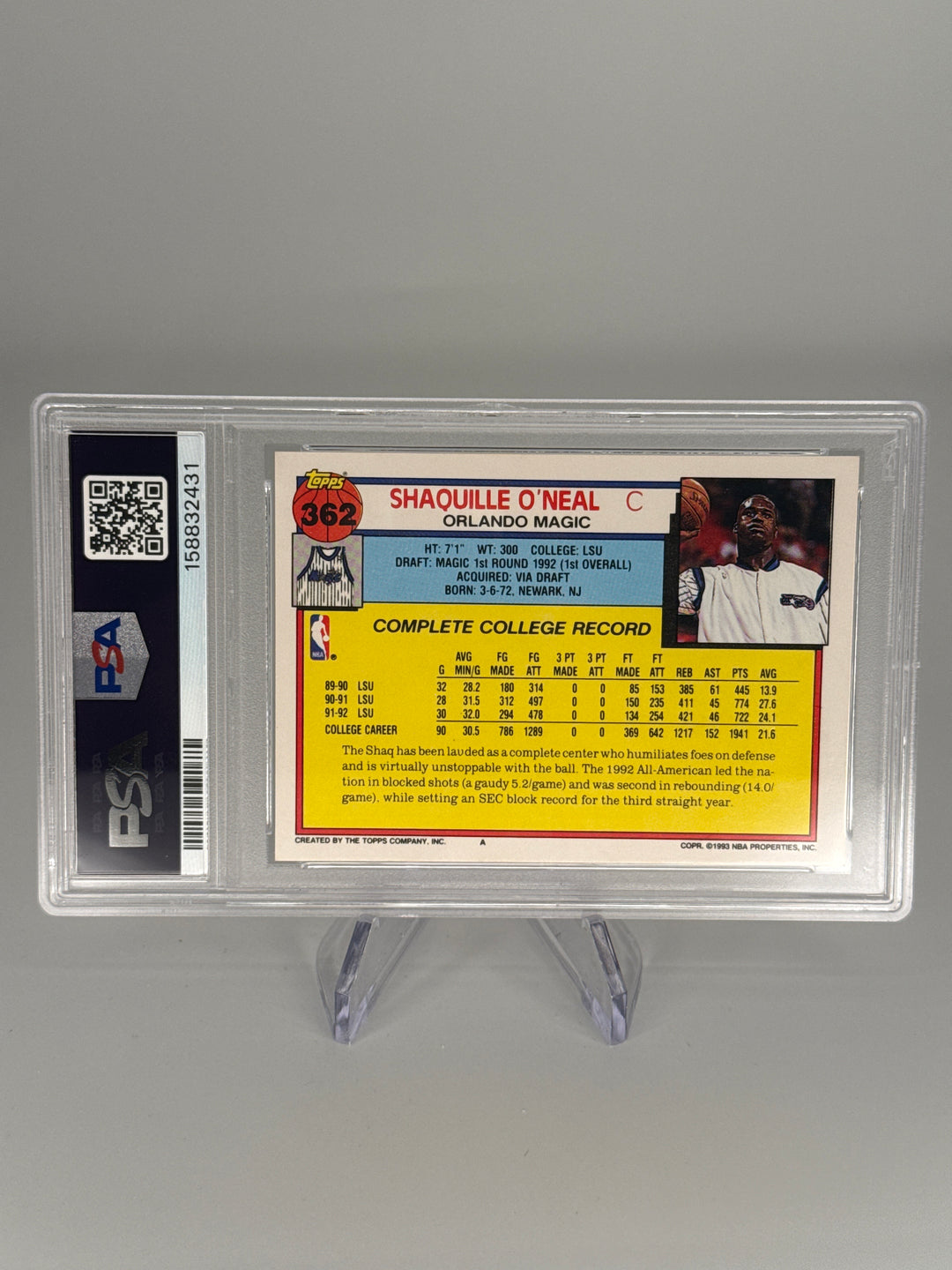 Shaquille O'Neal 1992 Topps Rookie, PSA 9 Mint