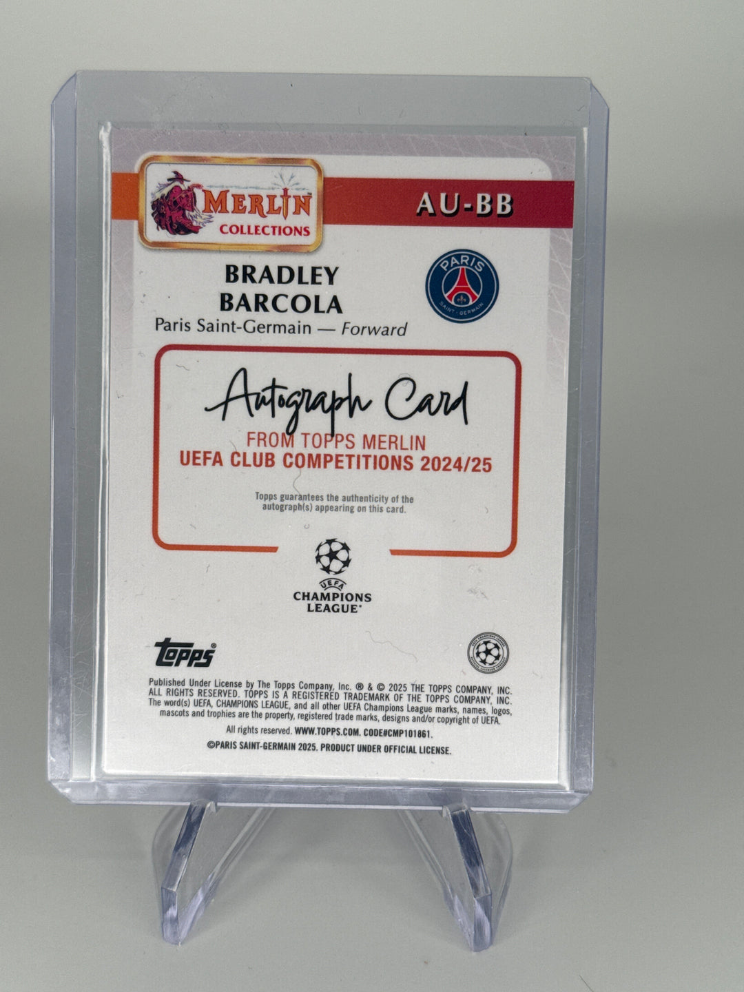 Bradley Barcola 2025 Topps Merlin Pink Refractor Auto, 089/199