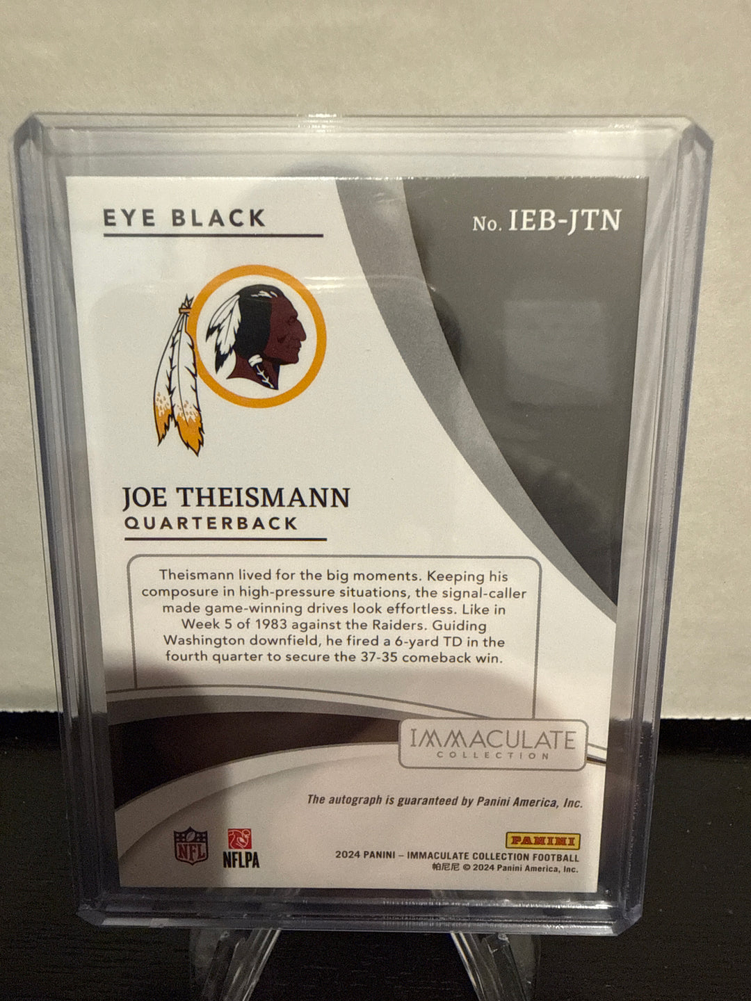 Joe Theismann 2024 Panini Immaculate Eye Black Auto, 15/49