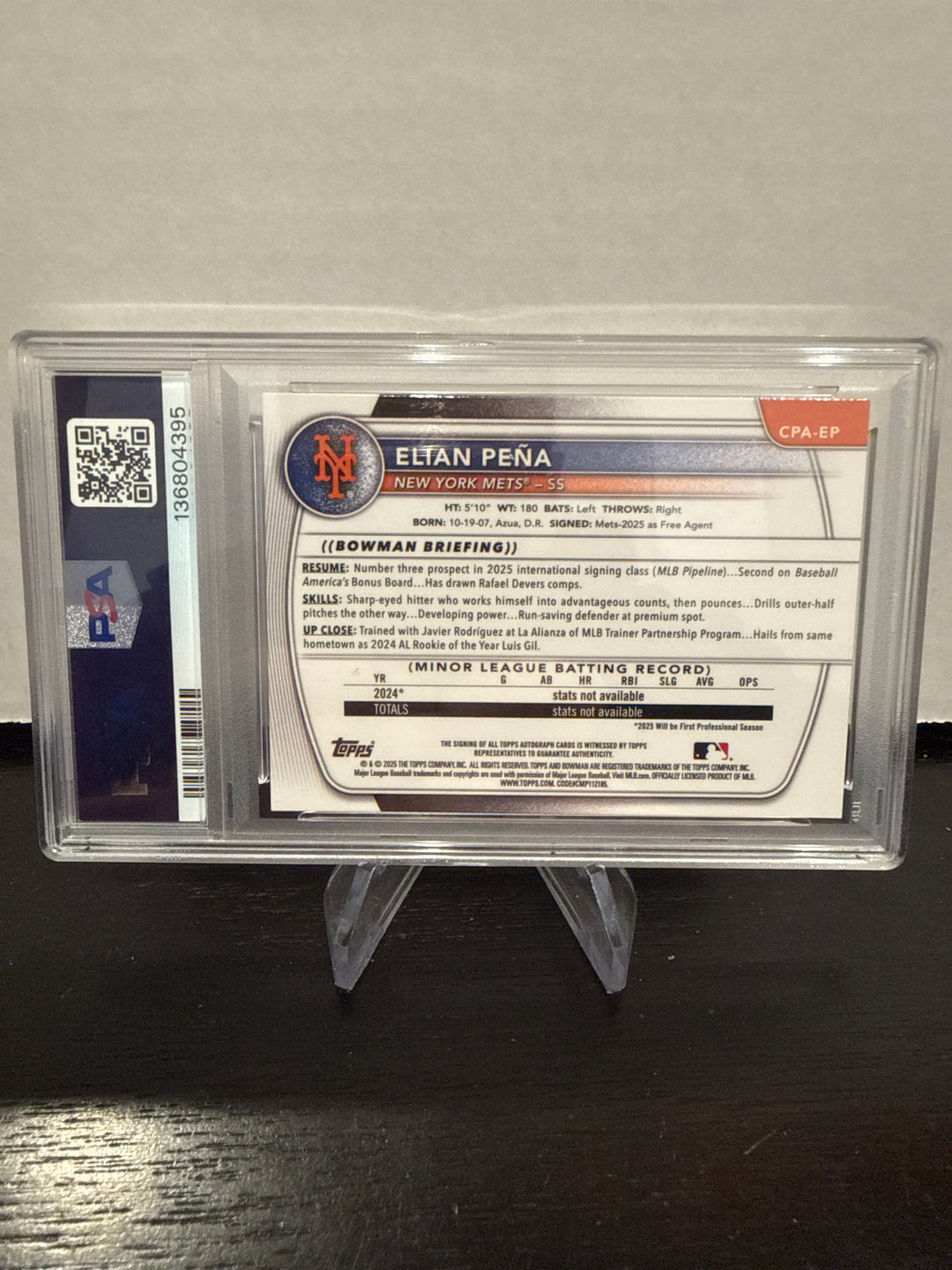 Elian Pena 2025 Bowman Chrome Orange Shimmer 1st Auto, 10/25, PSA 10 Gem Mint