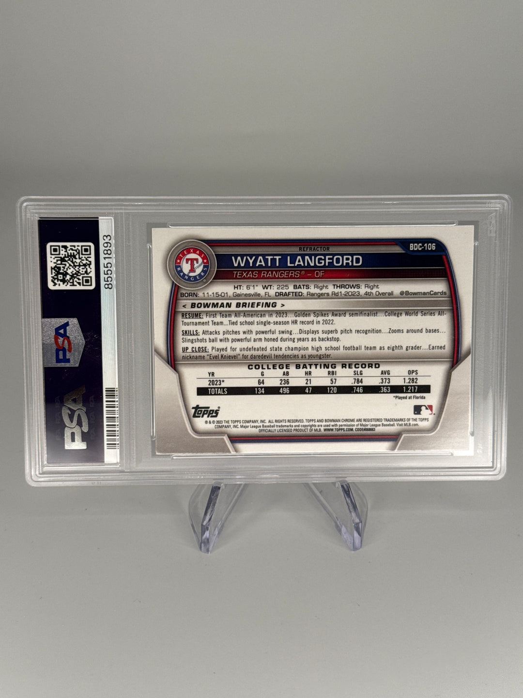 Wyatt Langford 2023 Bowman Draft Chrome 1st Refractor, PSA 10 Gem Mint