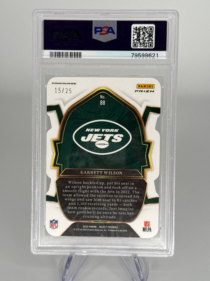 Garrett Wilson 2022 Panini Select Die Cut Tie Die Prizm Rookie, 15/25, PSA 9 Mint