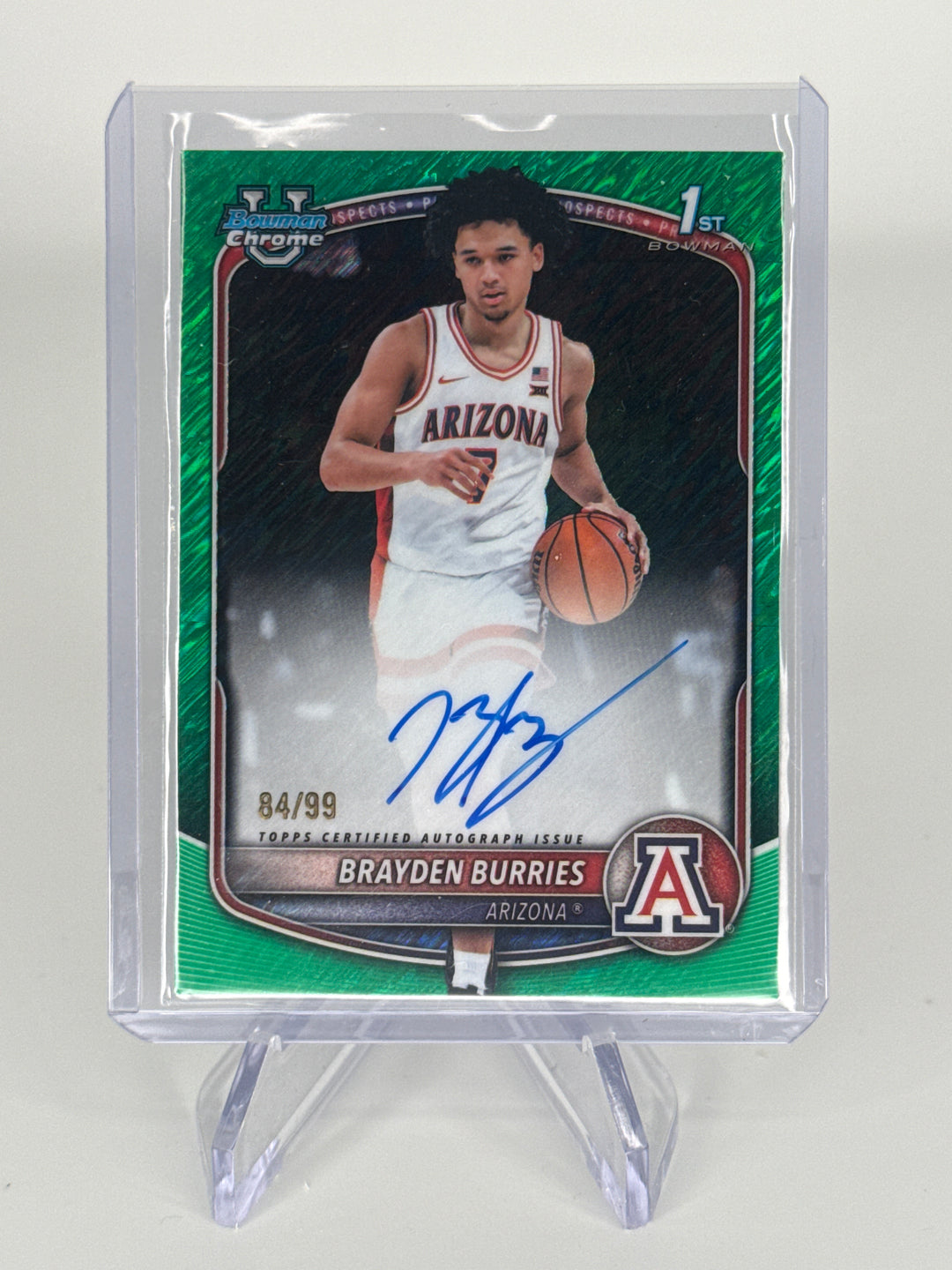 Brayden Burries 2025 Bowman Chrome University Green Shimmer Refractor 1st Auto, 84/99