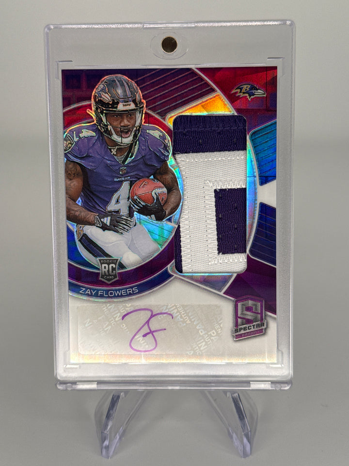 Zay Flowers 2023 Panini Spectra Rookie Patch Auto Neon Purple, 16/30