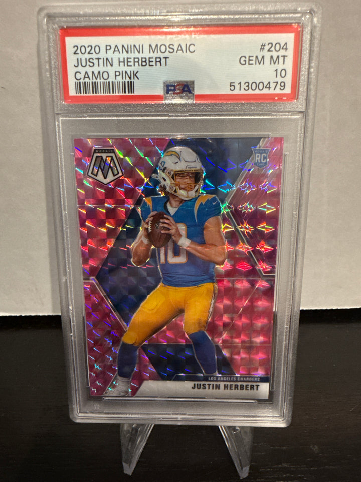 Justin Herbert 2020 Panini Mosaic Camo Pink Rookie, PSA 10 Gem Mint