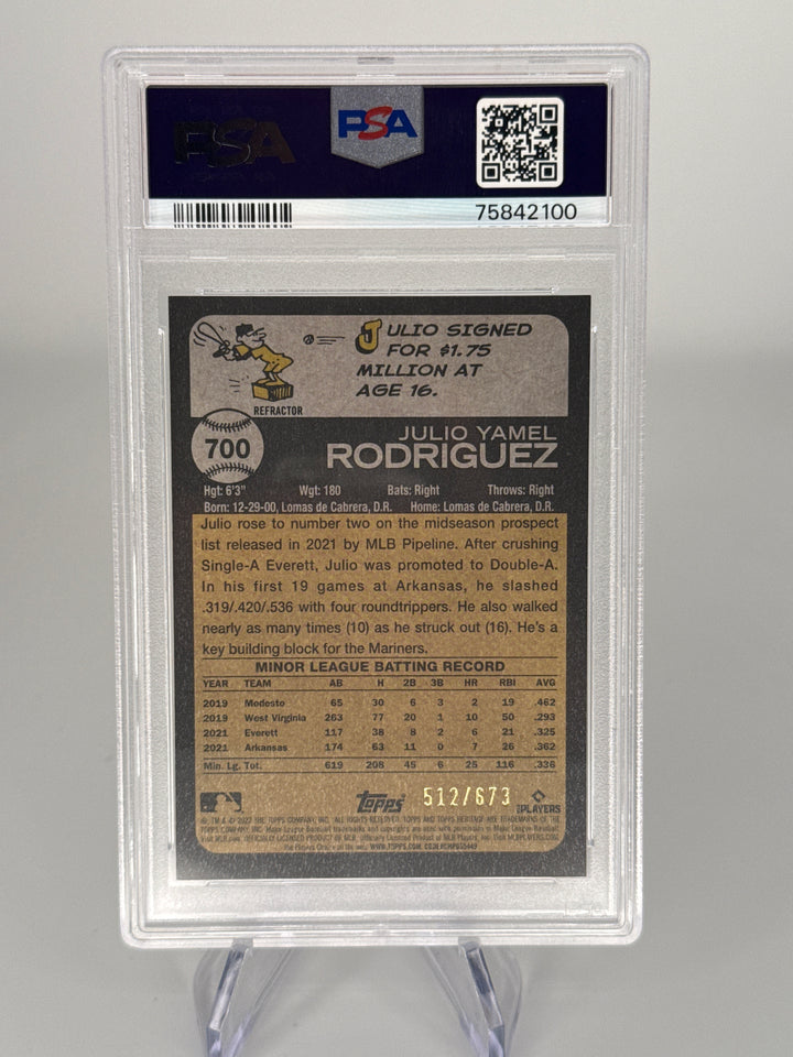 Julio Rodriguez 2022 Topps Heritage Chrome Refractor Rookie, 512/673, PSA 9 Mint