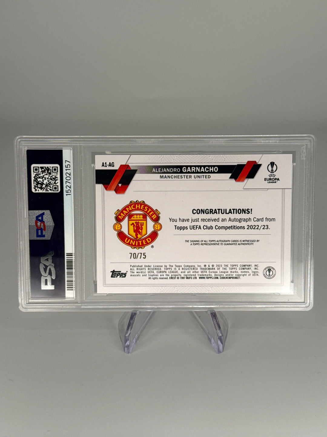 Alejandro Garnacho 2022-2023 Topps UEFA Club Competition 1st Edition Rookie Auto, 70/75, PSA 10 Gem Mint