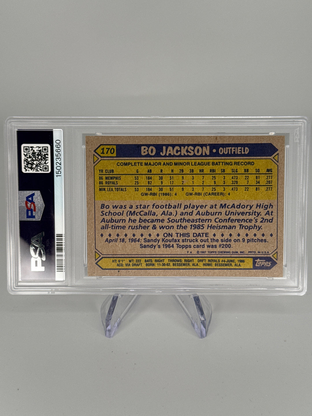 Bo Jackson 1987 Topps Future Stars Rookie, PSA 9 Mint