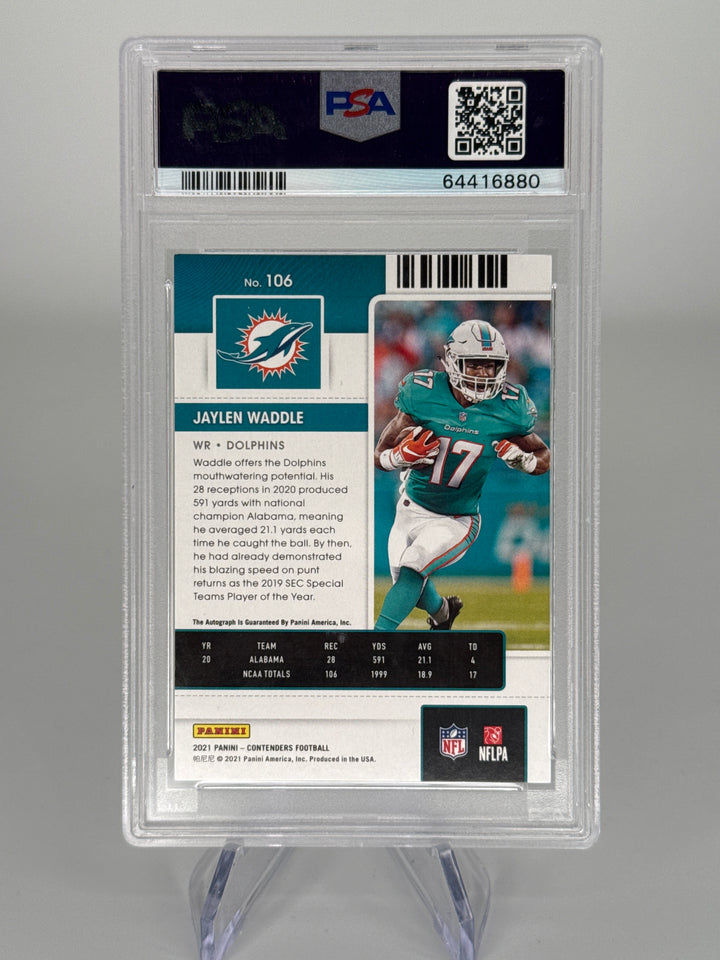 Jaylen Waddle 2021 Panini Contenders Playoff Ticket Rookie Auto, 67/99, PSA 9 Mint, PSA 10 Auto