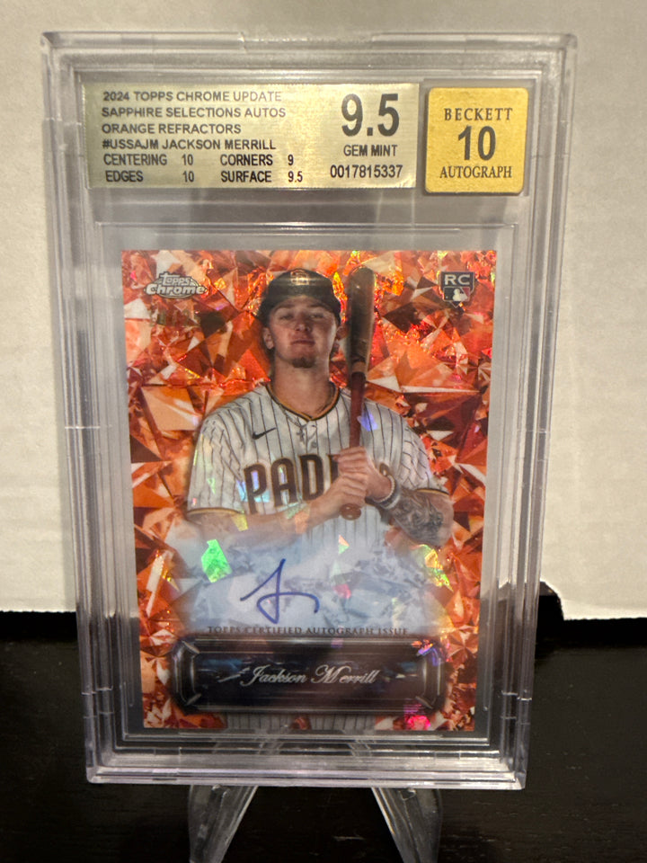 Jackson Merrill 2024 Topps Chrome Update Sapphire Selections Rookie Auto Orange, 14/25, BGS 9.5 Gem Mint