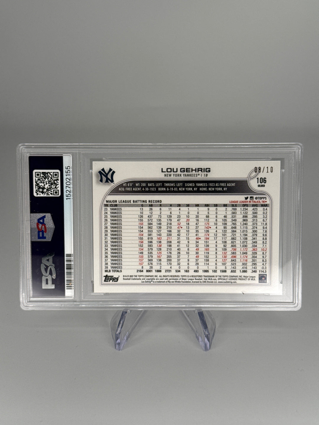 Lou Gehrig 2022 Topps Gilded Collection Lava Gold Etch, 08/10, PSA 10 Gem Mint