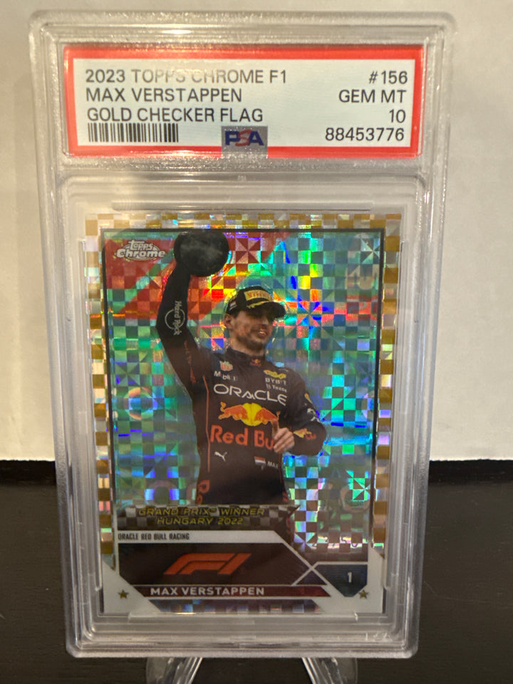 Max Verstappen 2023 Topps Chrome F1 Gold Checker Flag, 23/50, PSA 10 Gem Mint