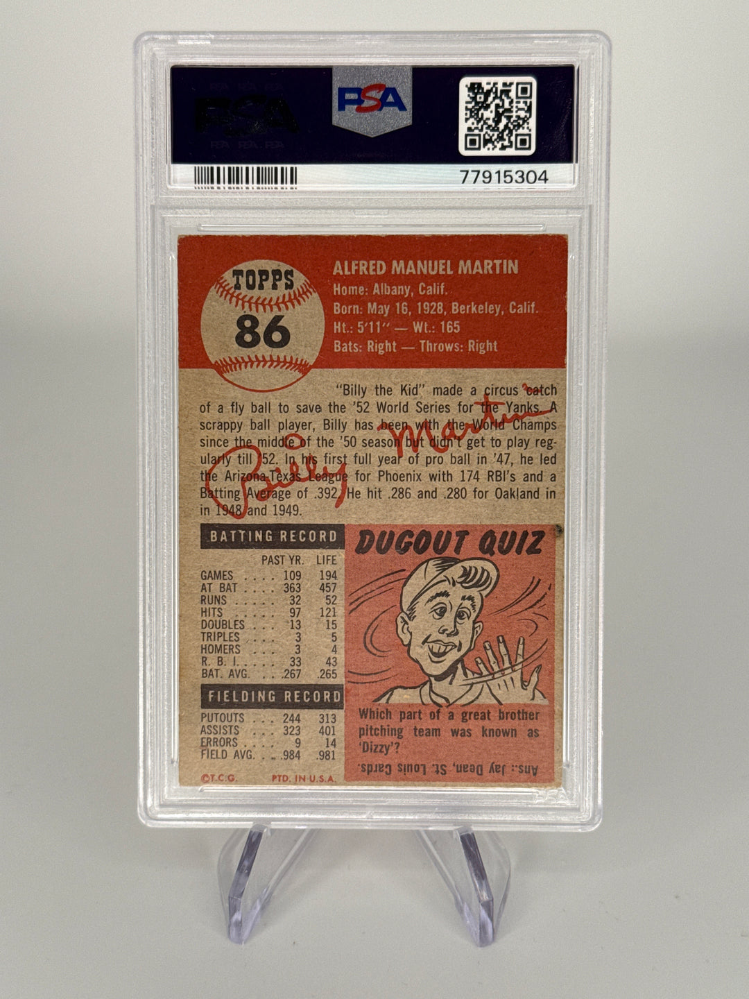 Billy Martin 1953 Topps, PSA 3