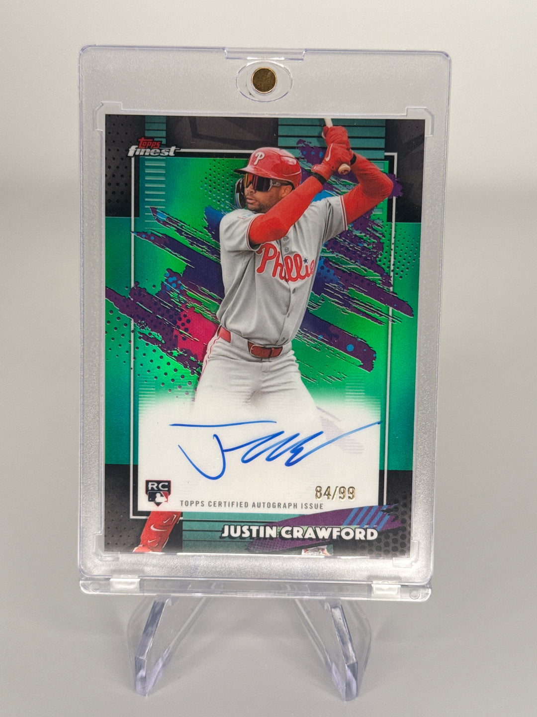 Justin Crawford 2026 Topps Finest Green Refractor Rookie Auto, 84/99
