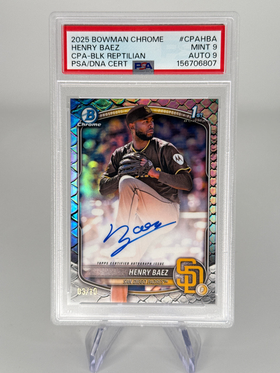 Henry Baez 2025 Bowman Chrome 1st Reptilian Black Refractor Auto, 03/10, PSA 9 Mint