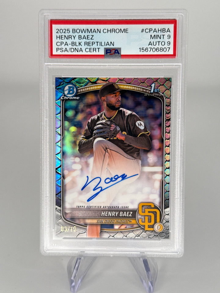 Henry Baez 2025 Bowman Chrome 1st Reptilian Black Refractor Auto, 03/10, PSA 9 Mint