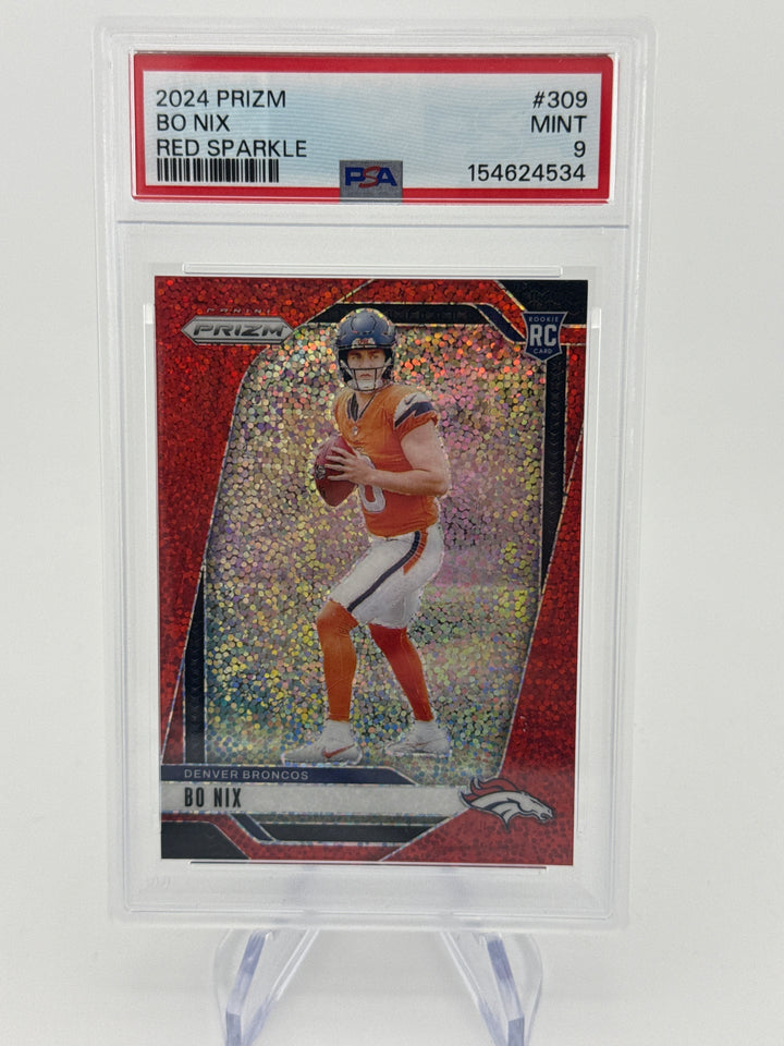 Bo Nix 2024 Panini Prizm Red Sparkle Rookie, PSA 9 Mint