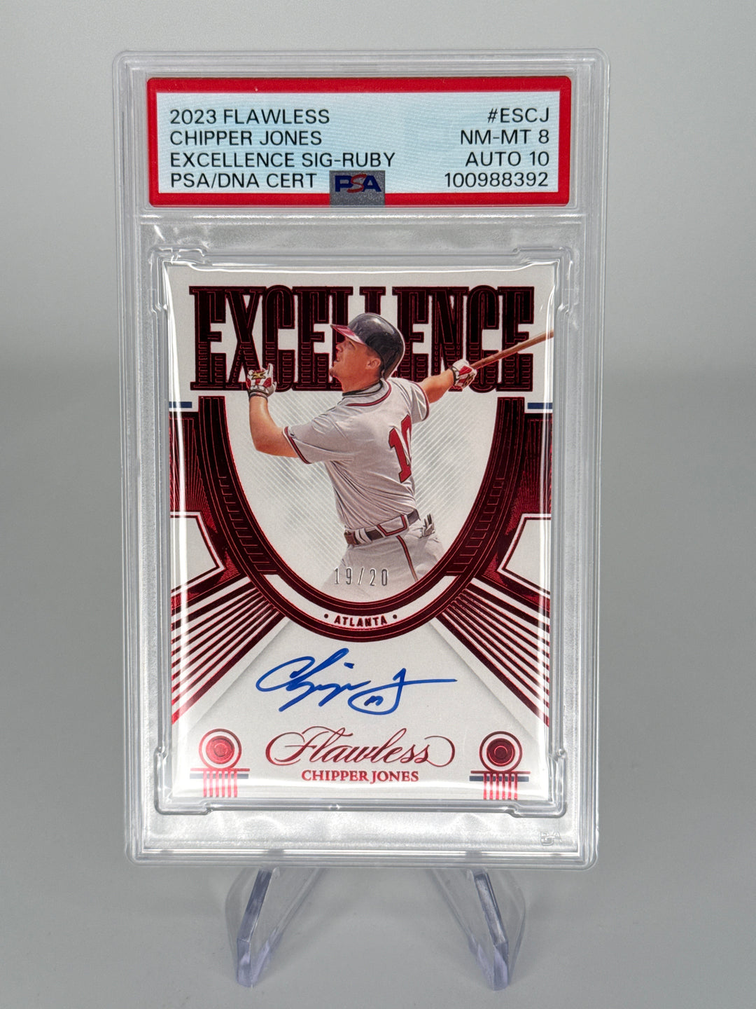 Chipper Jones 2023 Panini Flawless Excellence Ruby Auto, 19/20, PSA 8, PSA 10 Auto