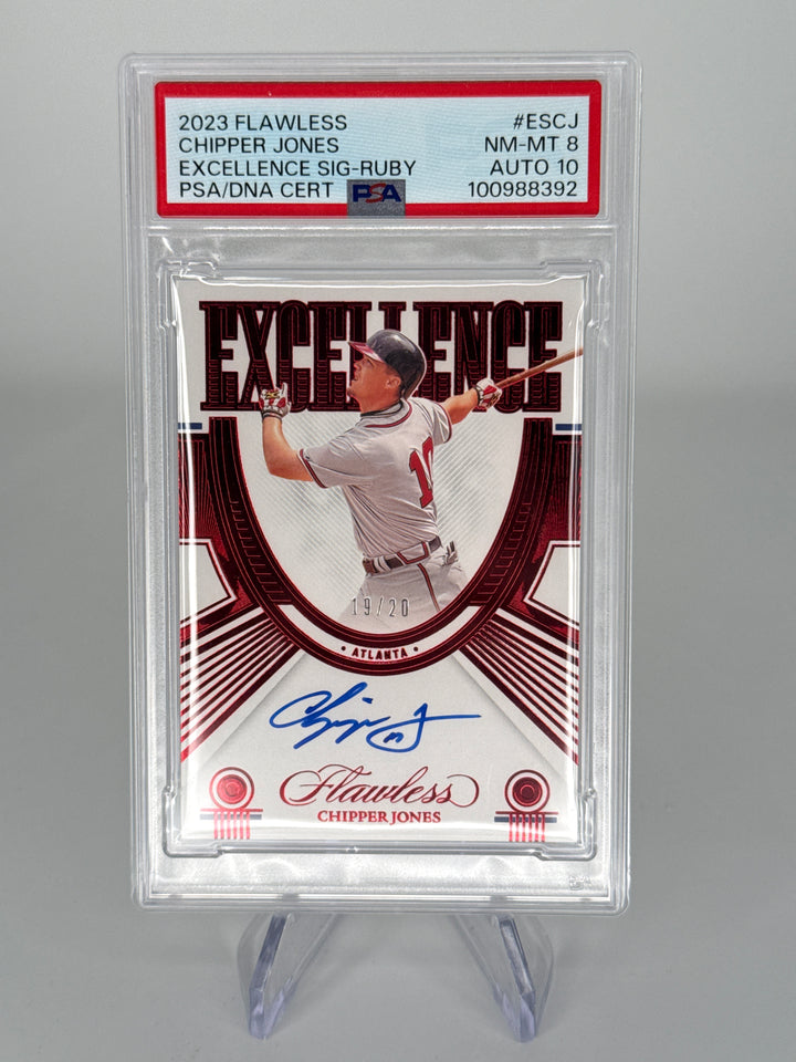 Chipper Jones 2023 Panini Flawless Excellence Ruby Auto, 19/20, PSA 8, PSA 10 Auto