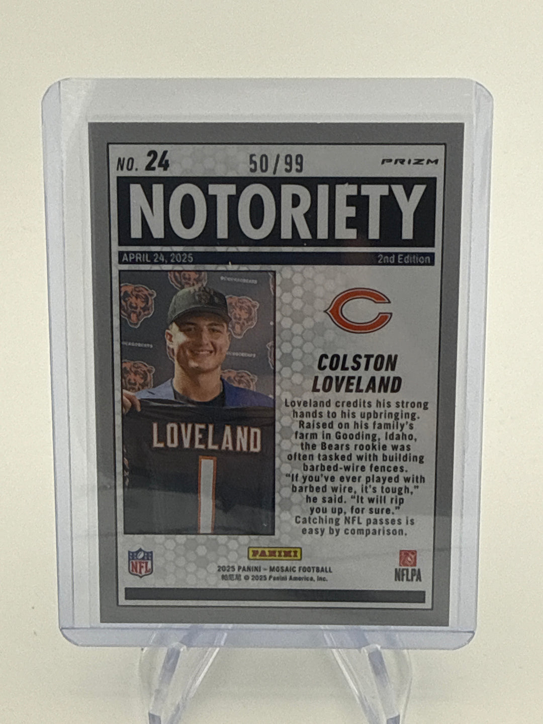 Colston Loveland 2025 Panini Mosaic Notoriety Blue Rookie, 50/99