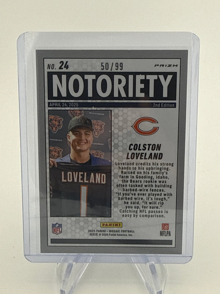 Colston Loveland 2025 Panini Mosaic Notoriety Blue Rookie, 50/99