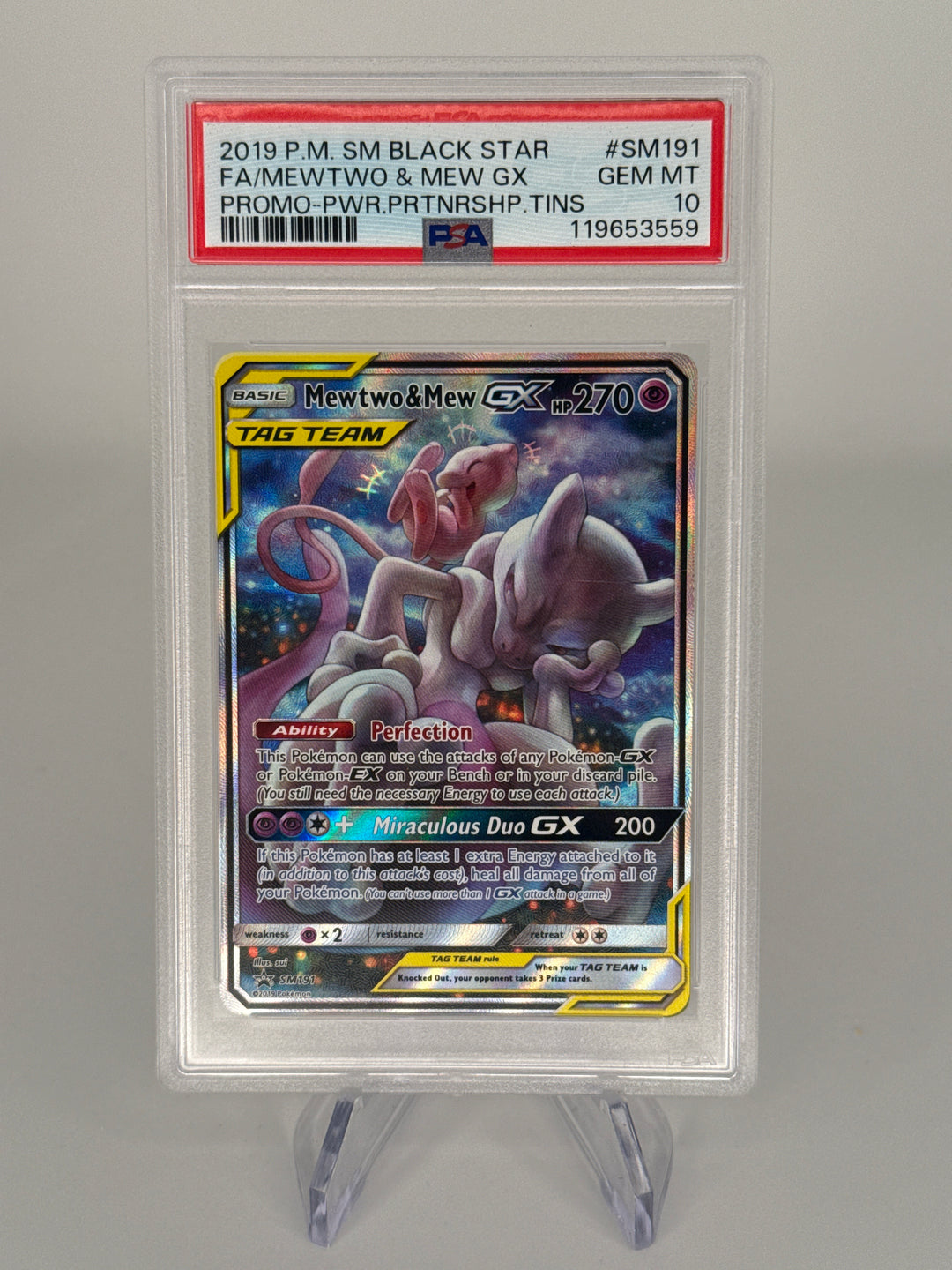 Pokemon TCG 2019 Mewtwo & Mew-GX SM Black Star Promo, SM191, PSA 10 Gem Mint