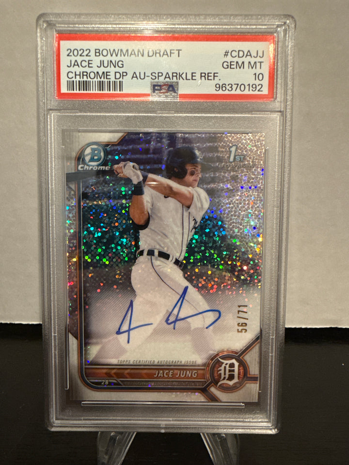 Jace Jung 2022 Bowman Chrome Draft Picks Sparkle Refractor 1st Auto, 56/71, PSA 10 Gem Mint