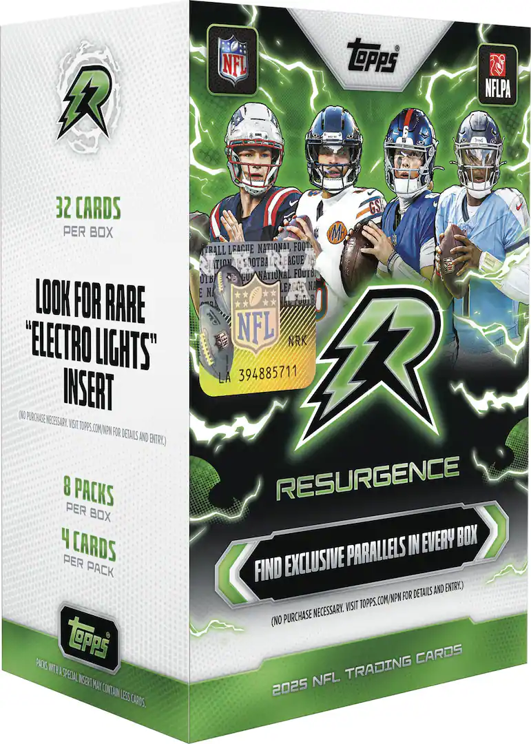 Topps 2025 NFL Trading Cards Resurgence booster box packaging, featuring green and white design with NFL and Topps logos and football player graphics.