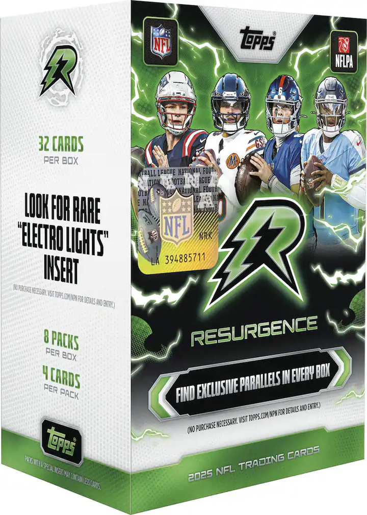 Topps 2025 NFL Trading Cards Resurgence booster box packaging, featuring green and white design with NFL and Topps logos and football player graphics.