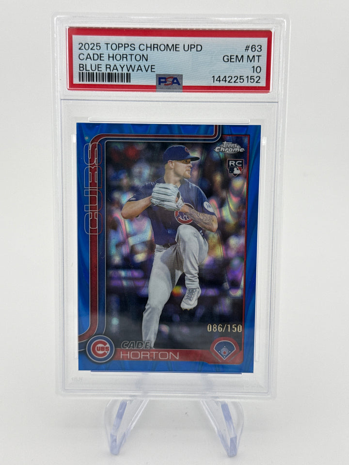 Cade Horton 2025 Topps Chrome Update Blue Raywave Rookie, 086/150, PSA 10 Gem Mint