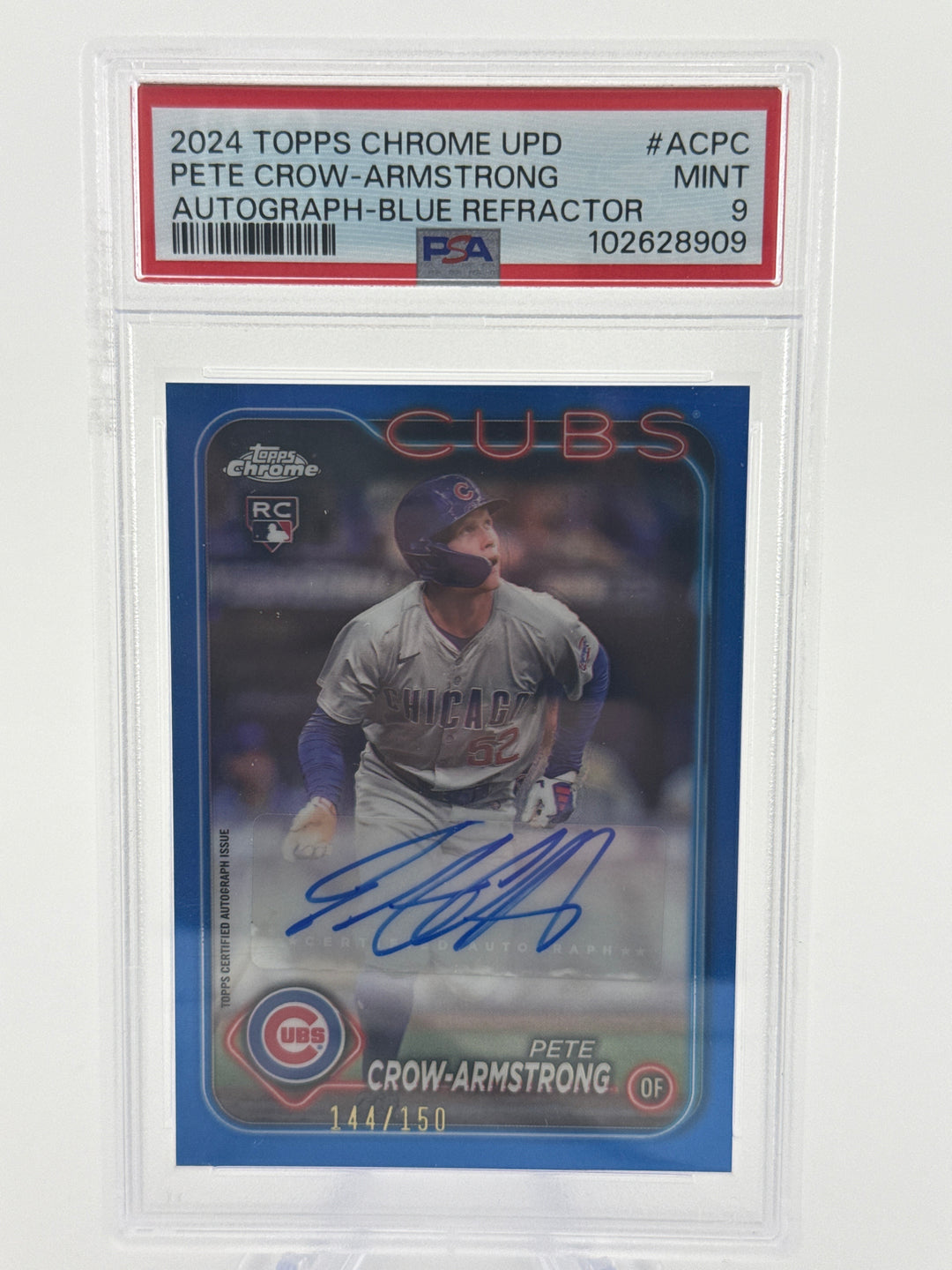 Pete Crow-Armstrong 2024 Topps Chrome Update Blue Refractor Rookie Auto, 144/150, PSA 9 Mint